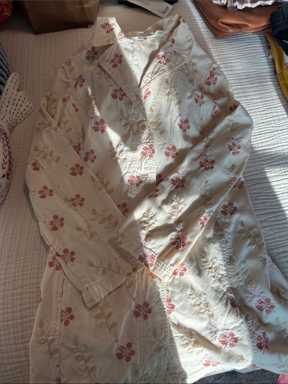 J. Jill Cream Trench Coat with Pink Floral Embroidery